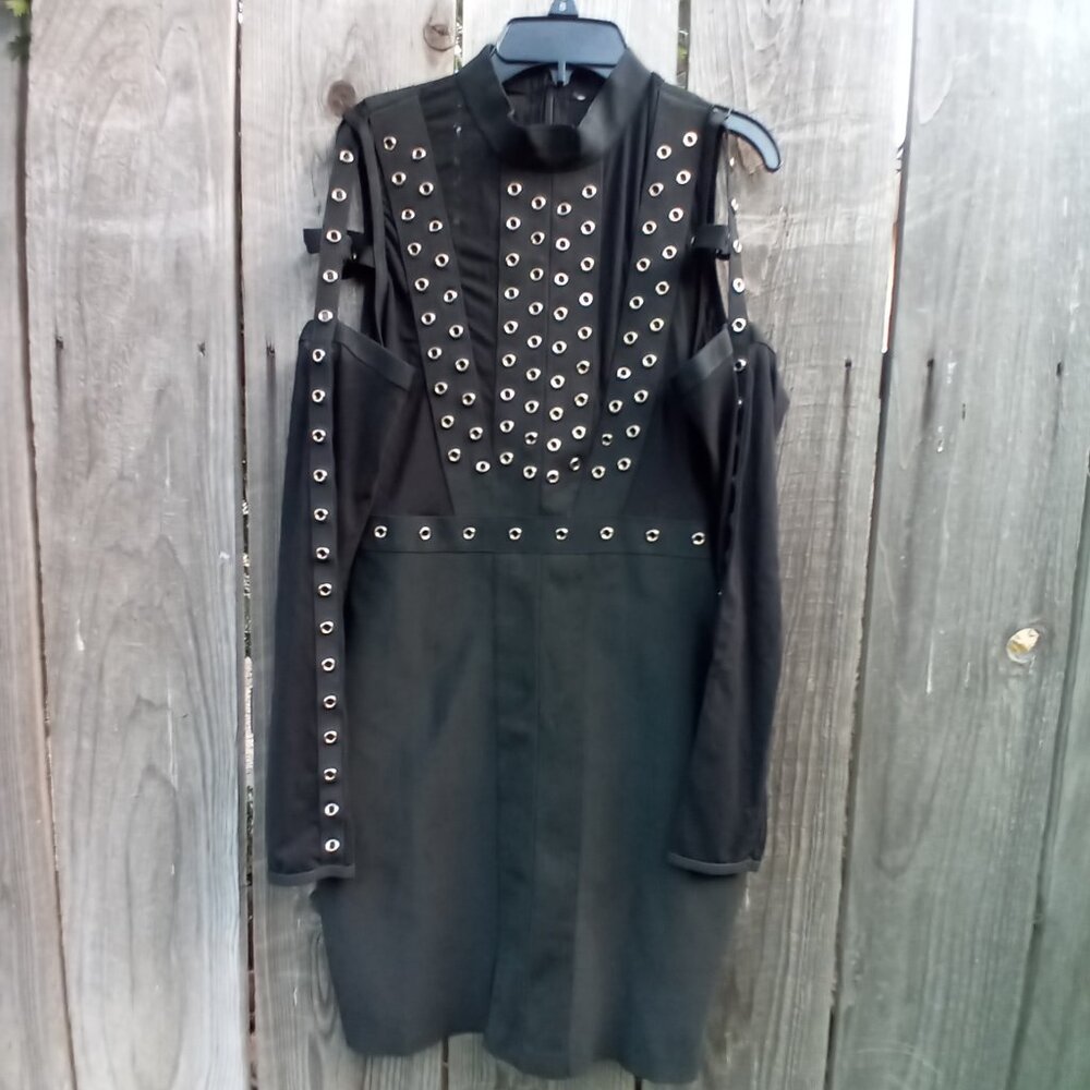 Unbranded Dress Womens Sz L Black Bodycon Cold Shoulder Long Sleeve Metal Circle